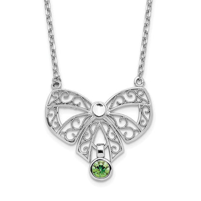 Sterling Silver Rhodium-Plated Polished Aug. Bow Cz Birthstone Necklace