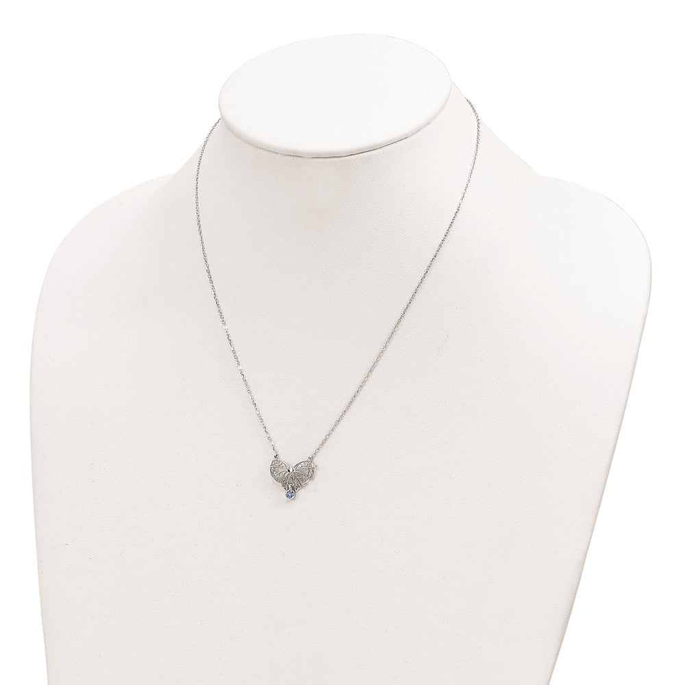 Sterling Silver Rhodium-Plated Polished Sep. Bow Cz Birthstone Necklace