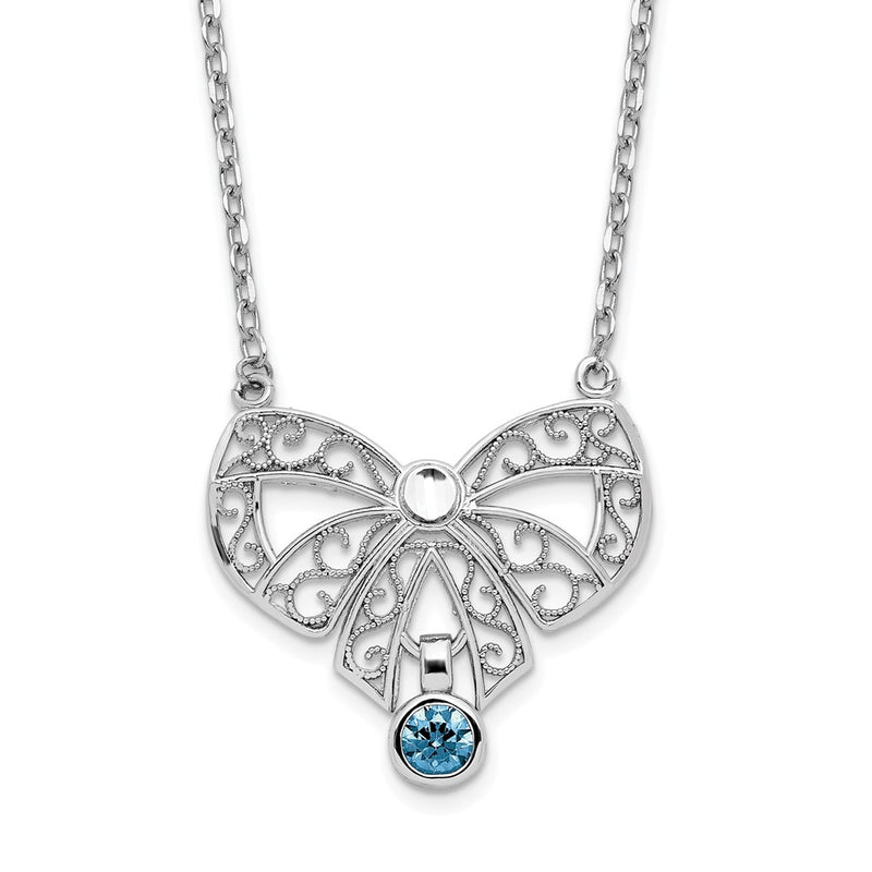 Sterling Silver Rhodium-Plated Polished Sep. Bow Cz Birthstone Necklace
