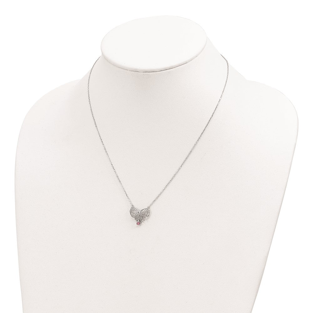 Sterling Silver Rhodium-Plated Polished Oct. Bow Cz Birthstone Necklace