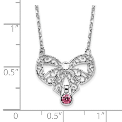 Sterling Silver Rhodium-Plated Polished Oct. Bow Cz Birthstone Necklace