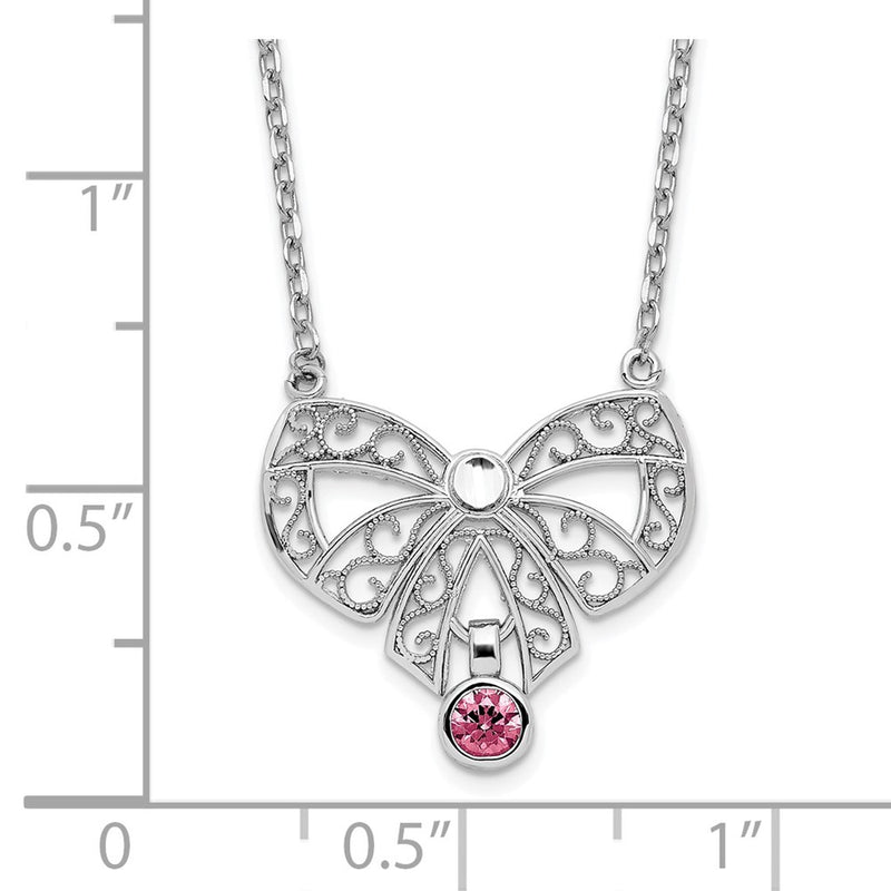 Sterling Silver Rhodium-Plated Polished Oct. Bow Cz Birthstone Necklace