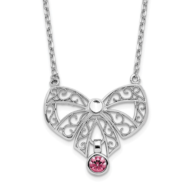 Sterling Silver Rhodium-Plated Polished Oct. Bow Cz Birthstone Necklace