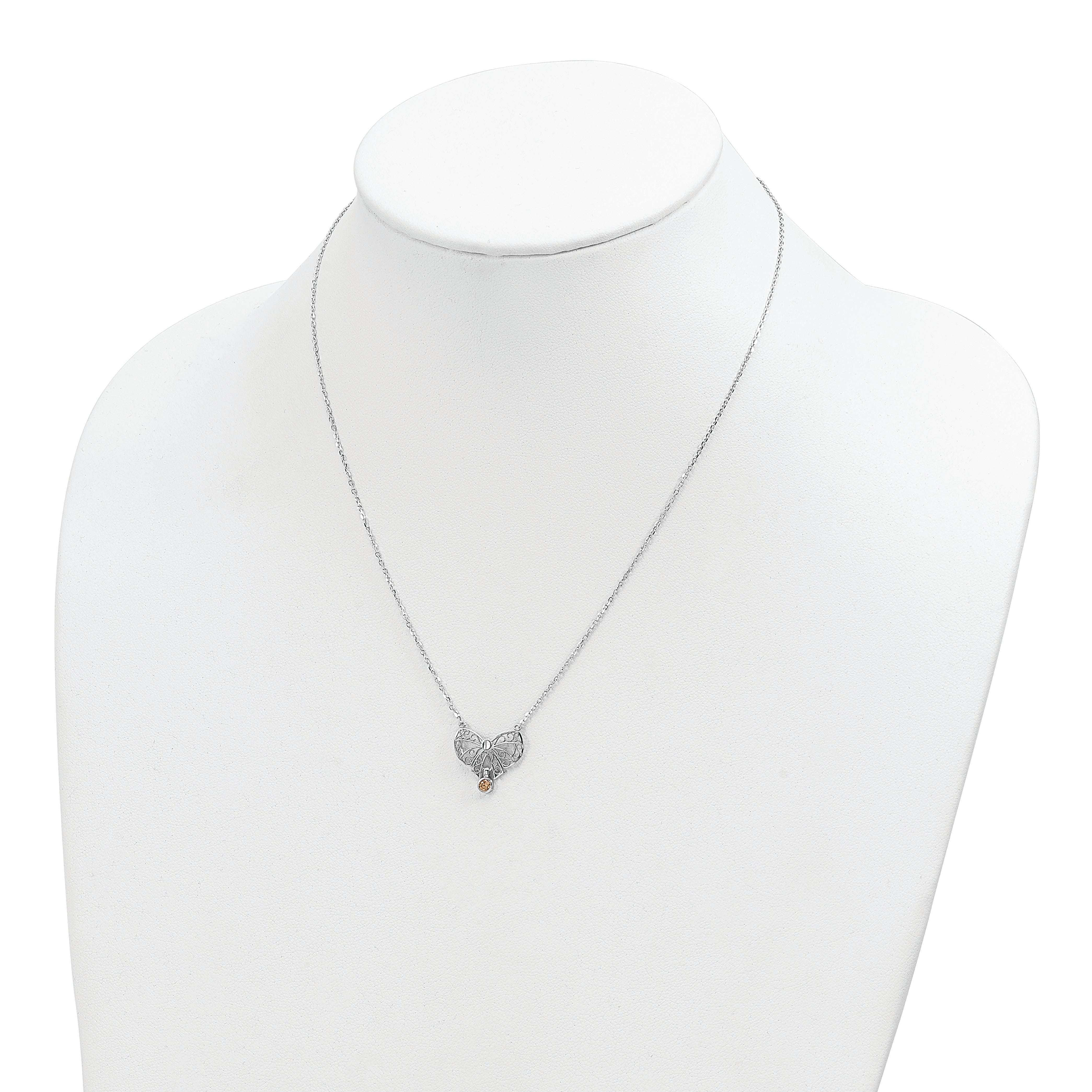 Sterling Silver Rhodium-Plated Polished Nov. Bow Cz Birthstone Necklace