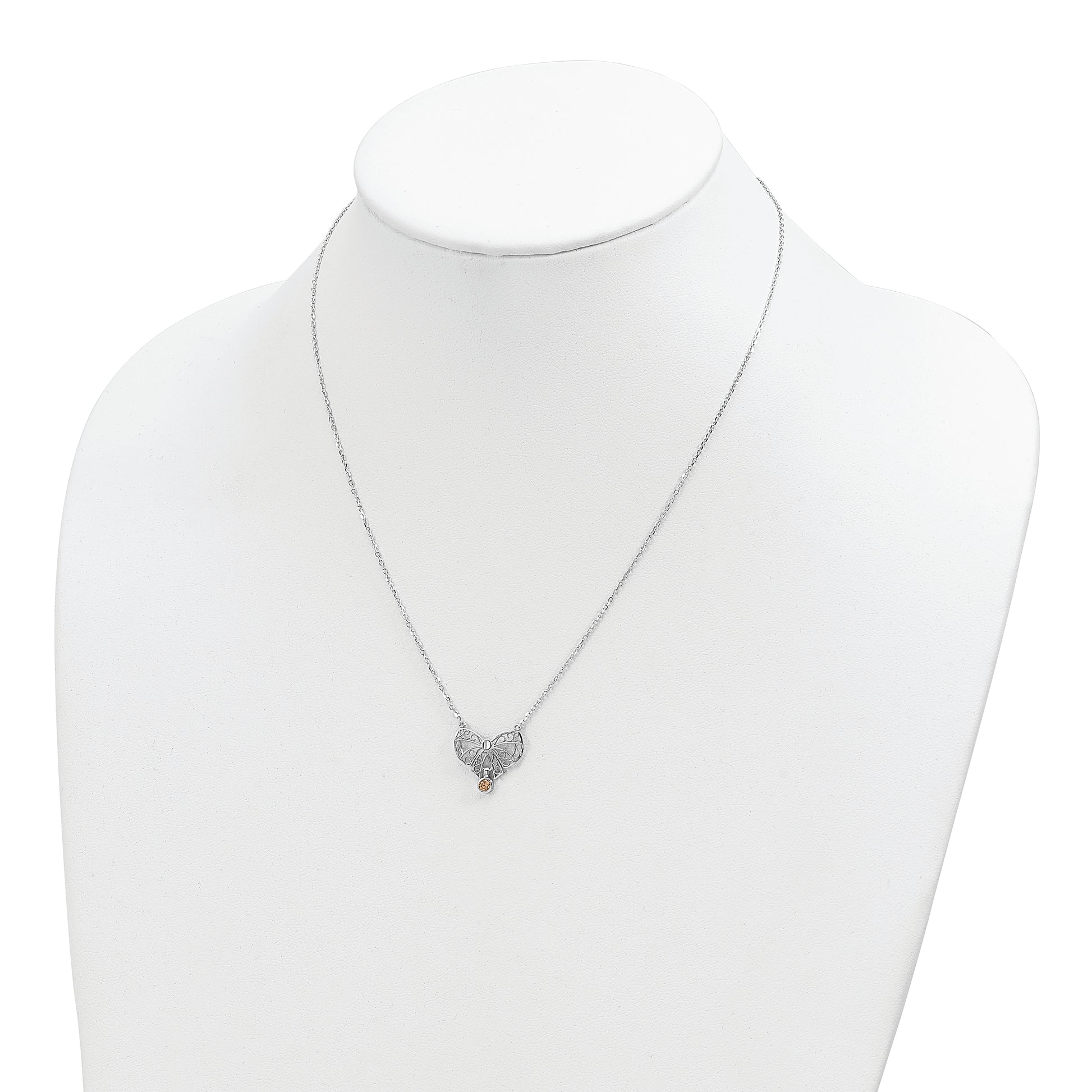 Sterling Silver Rhodium-Plated Polished Nov. Bow Cz Birthstone Necklace