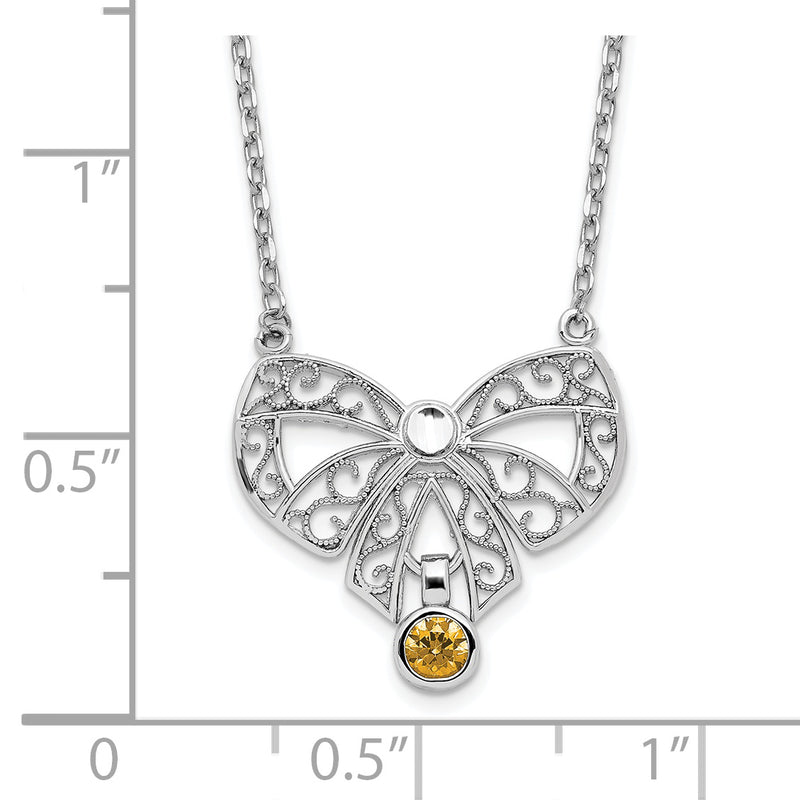 Sterling Silver Rhodium-Plated Polished Nov. Bow Cz Birthstone Necklace