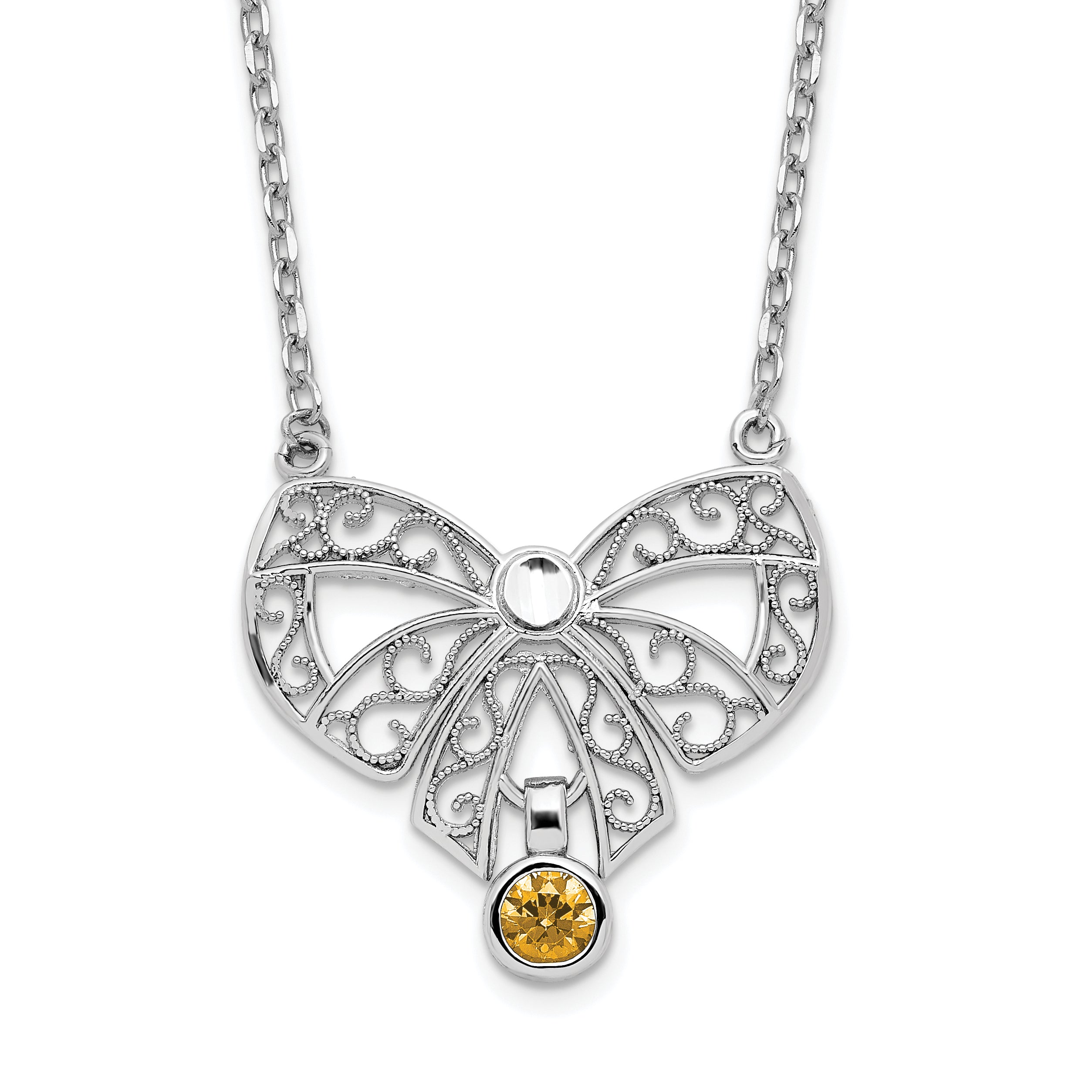 Sterling Silver Rhodium-Plated Polished Nov. Bow Cz Birthstone Necklace