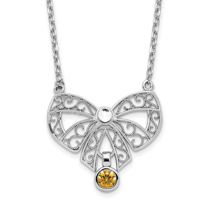 Sterling Silver Rhodium-Plated Polished Nov. Bow Cz Birthstone Necklace