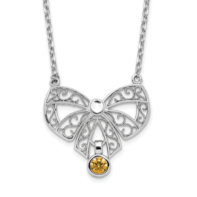 Sterling Silver Rhodium-Plated Polished Nov. Bow Cz Birthstone Necklace