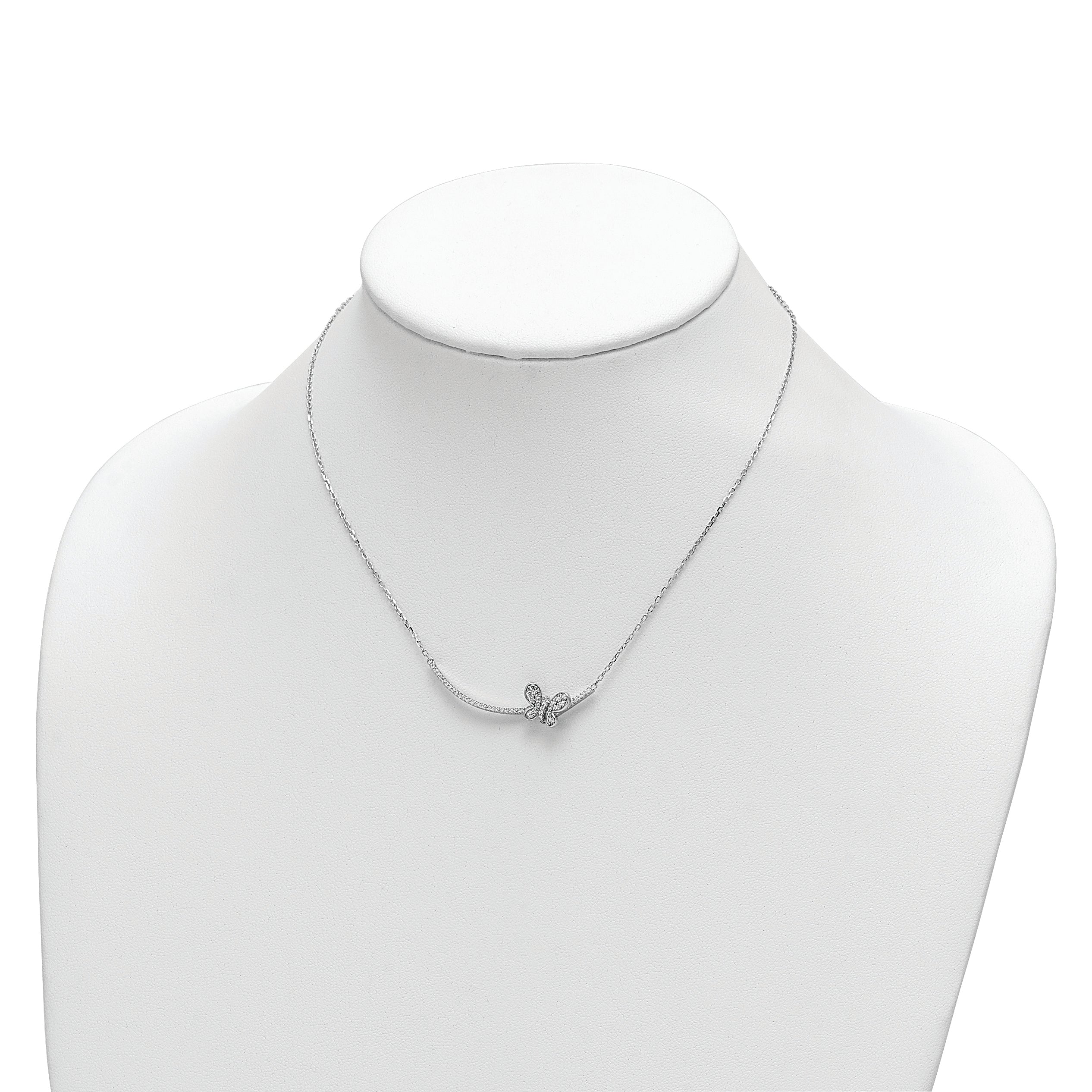 Sterling Silver Rhodium-Plated Cz Butterfly Bar 2In Ext Necklace