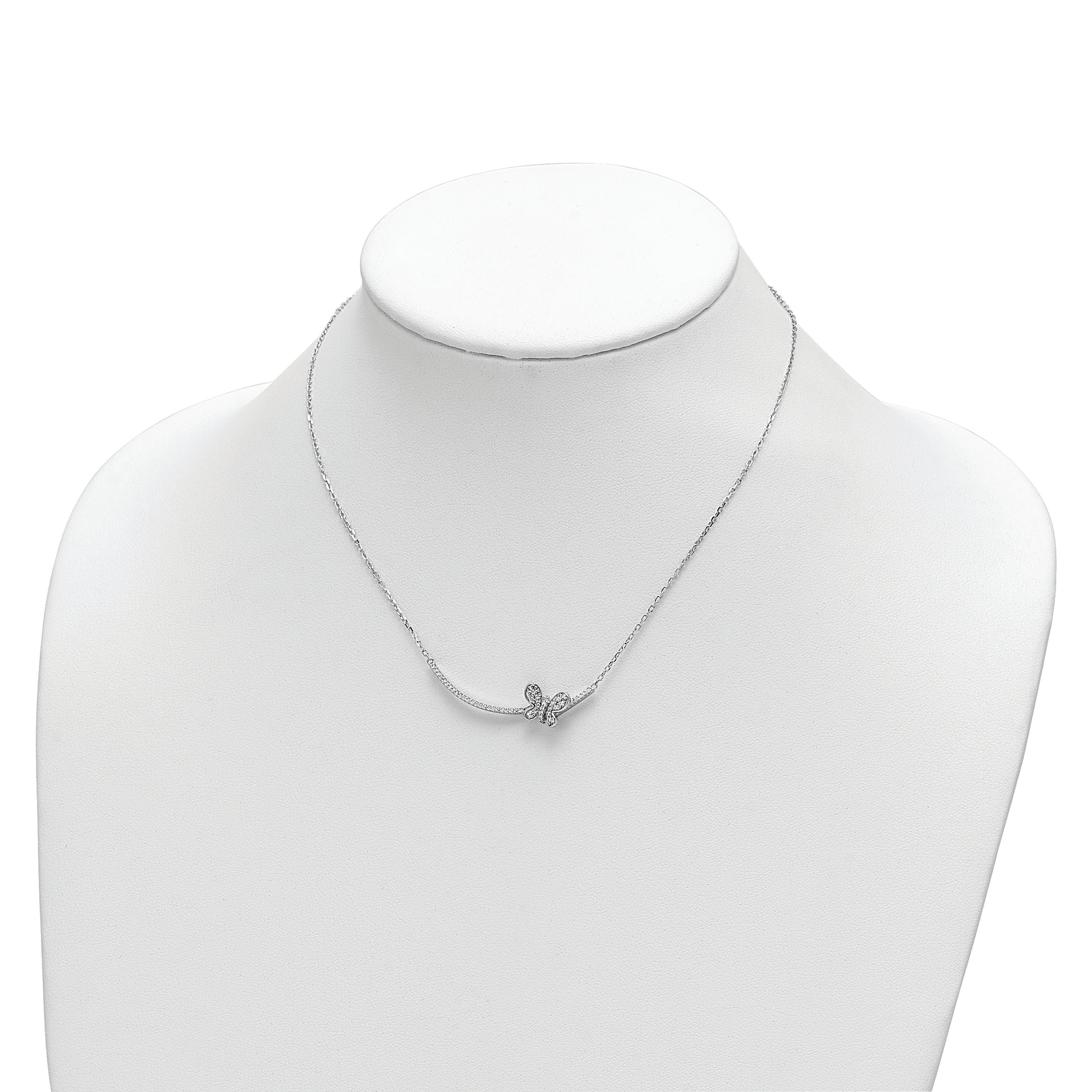 Sterling Silver Rhodium-Plated Cz Butterfly Bar 2In Ext Necklace