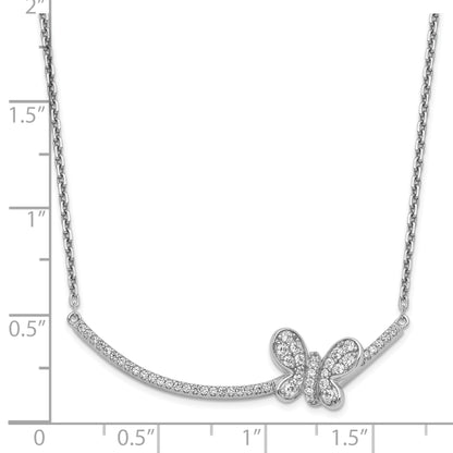 Sterling Silver Rhodium-Plated Cz Butterfly Bar 2In Ext Necklace