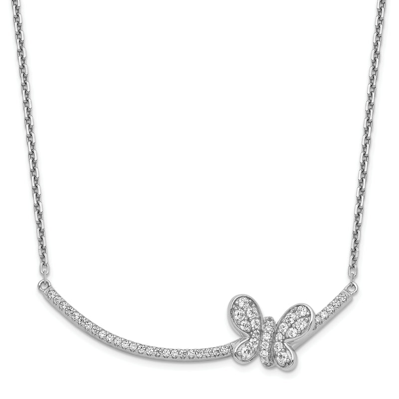 Sterling Silver Rhodium-Plated Cz Butterfly Bar 2In Ext Necklace