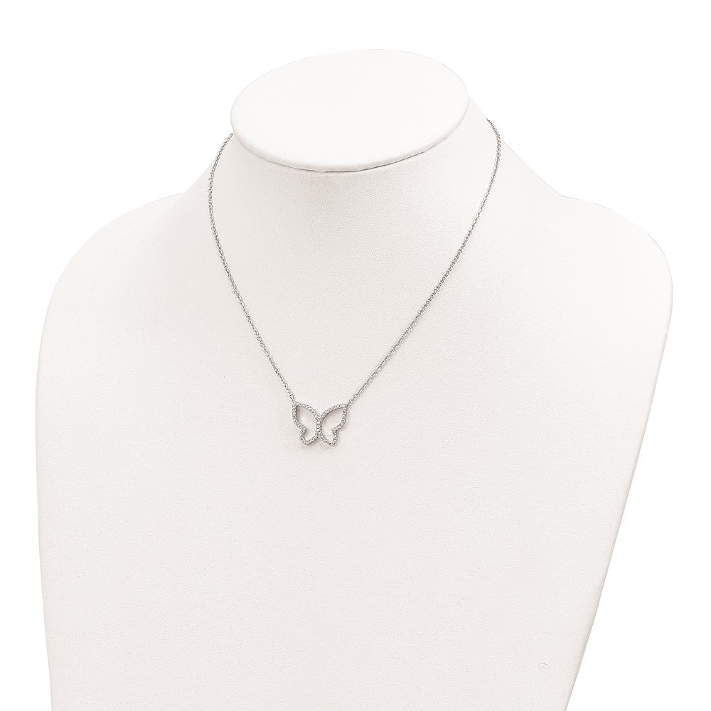 Sterling Silver Rhodium-Plated Open Butterfly Cz W/2 In Ext. Necklace