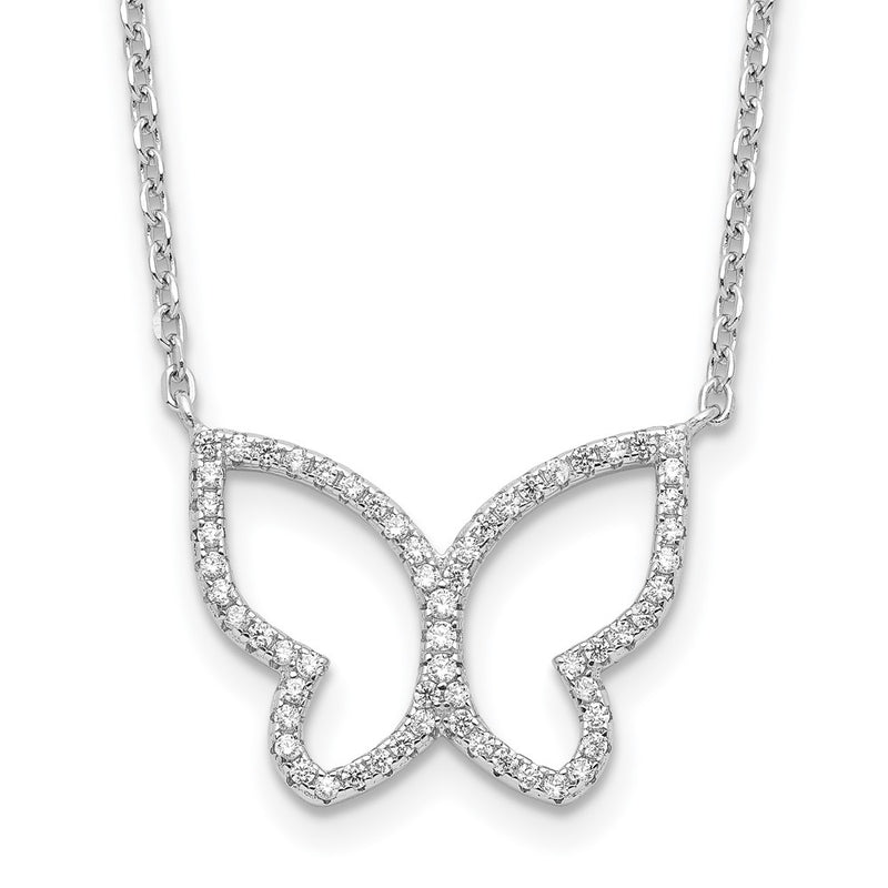 Sterling Silver Rhodium-Plated Open Butterfly Cz W/2 In Ext. Necklace