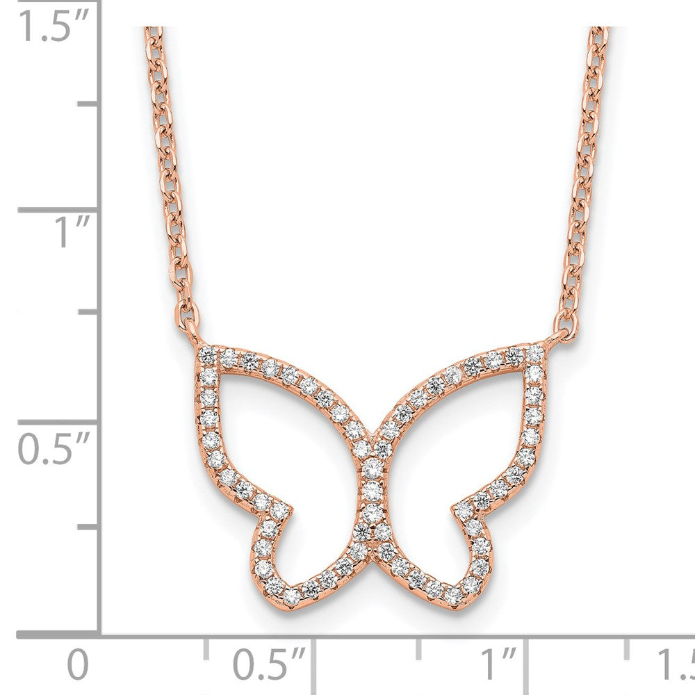 Sterling Silver Rose-Tone Polished Open Butterfly Cz W/2 In Ext. Necklace