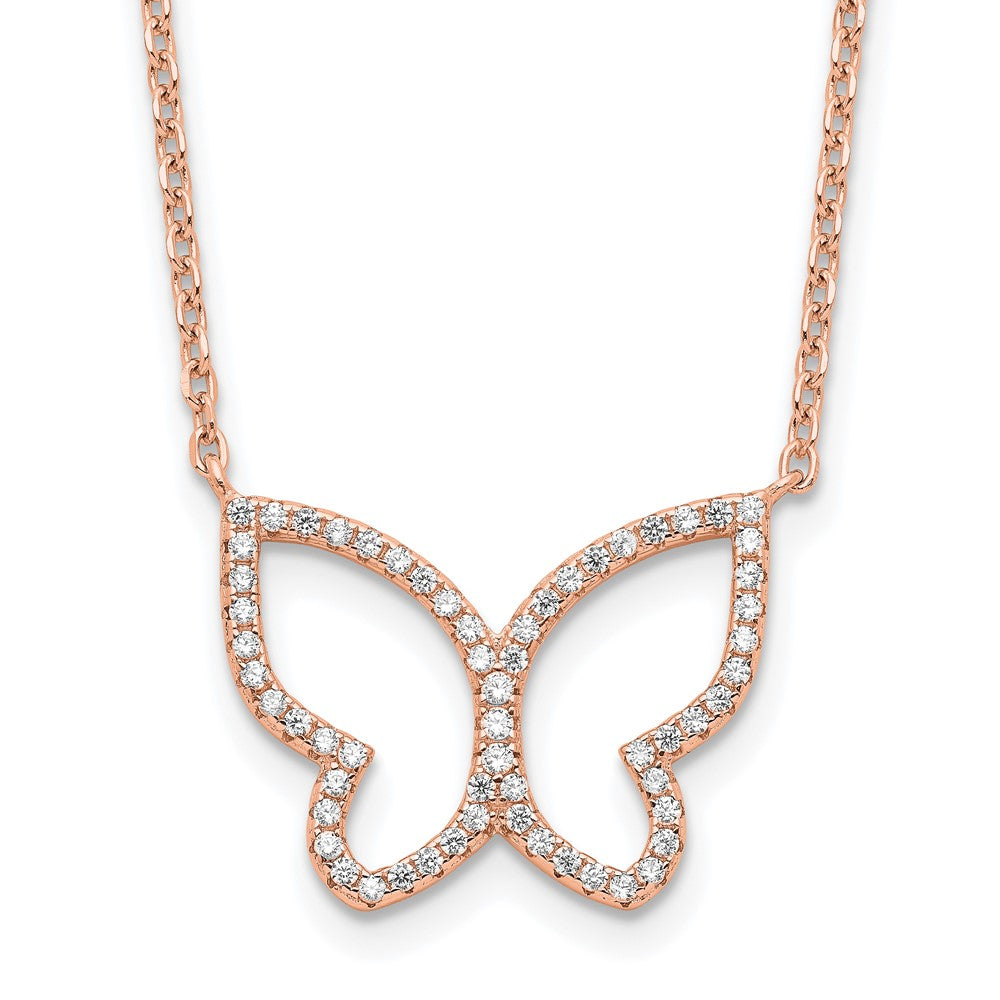 Sterling Silver Rose-Tone Polished Open Butterfly Cz W/2 In Ext. Necklace