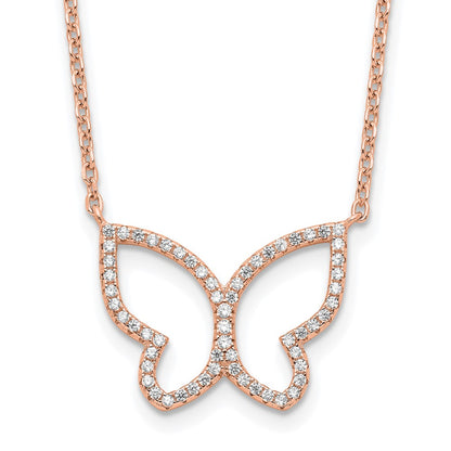 Sterling Silver Rose-Tone Polished Open Butterfly Cz W/2 In Ext. Necklace
