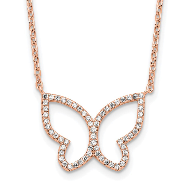 Sterling Silver Rose-Tone Polished Open Butterfly Cz W/2 In Ext. Necklace