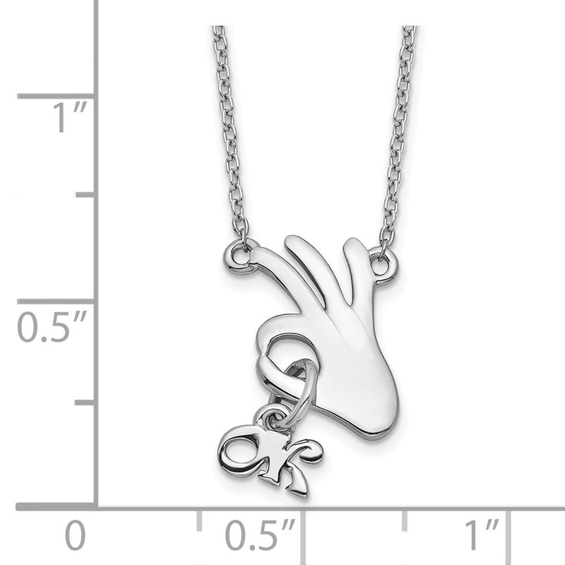 Sterling Silver Rhodium-Plated Hand Gesture Ok W/Dangle Necklace