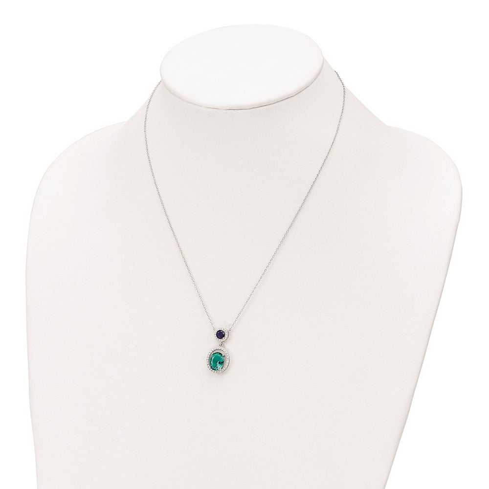 Sterling Silver Rhodium-Plated Cz Glass Stone Dangle Pendant Necklace