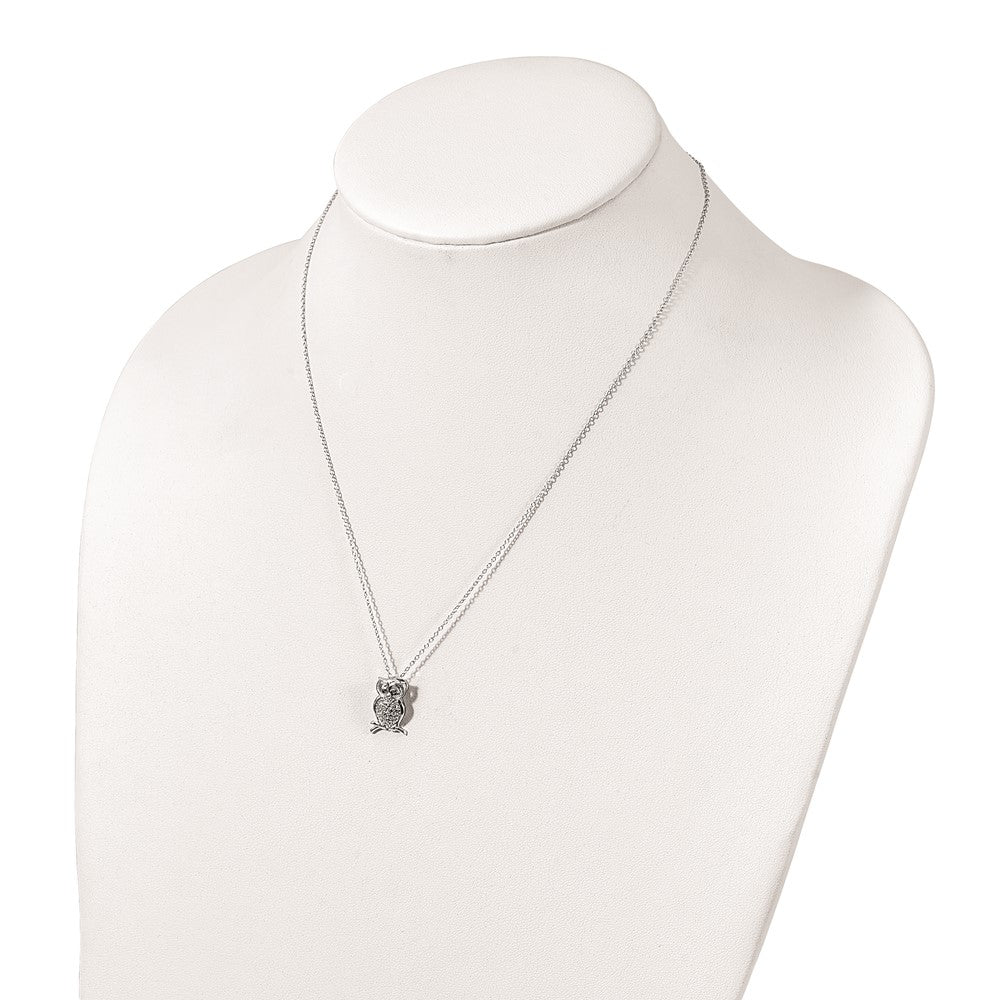 Sterling Silver Polished Rhodium-Plated Green/Clear Cz Owl 18In Necklace