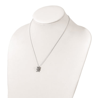 Sterling Silver Polished Rhodium-Plated Green/Clear Cz Owl 18In Necklace