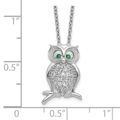 Sterling Silver Polished Rhodium-Plated Green/Clear Cz Owl 18In Necklace