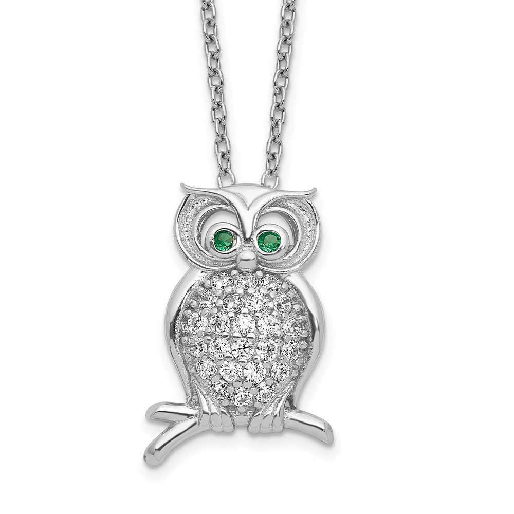 Sterling Silver Polished Rhodium-Plated Green/Clear Cz Owl 18In Necklace