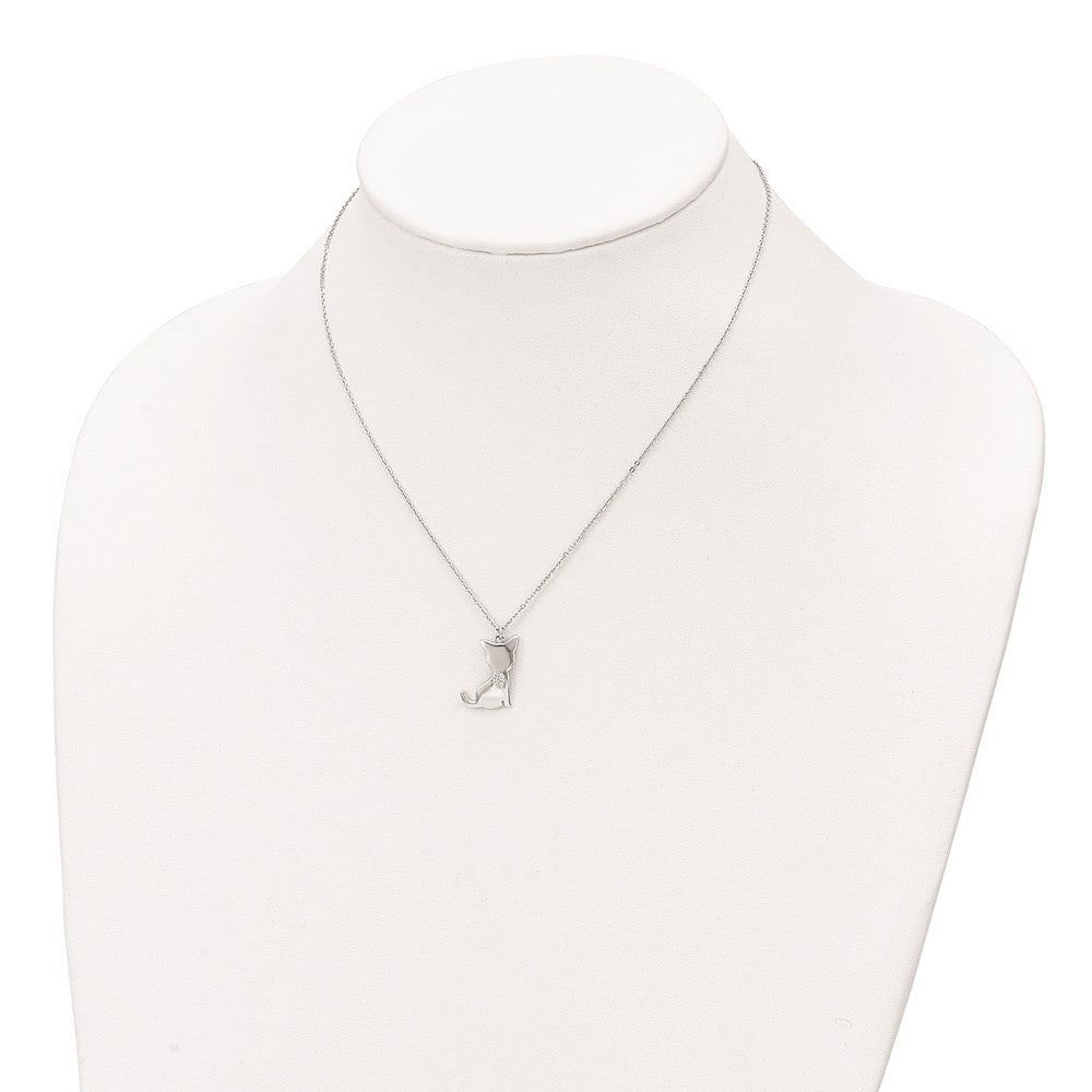 Sterling Silver Rhodium-Plated Cz Heart Cat Necklace
