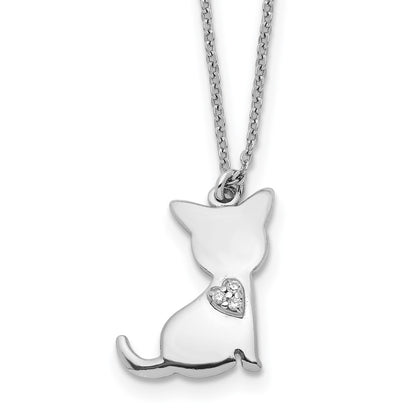 Sterling Silver Rhodium-Plated Cz Heart Cat Necklace