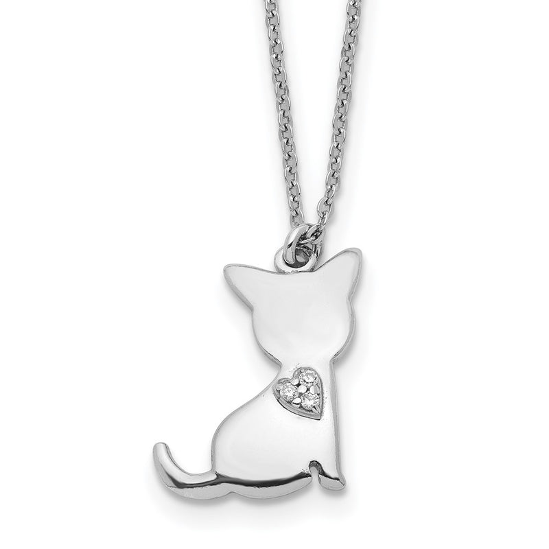 Sterling Silver Rhodium-Plated Cz Heart Cat Necklace