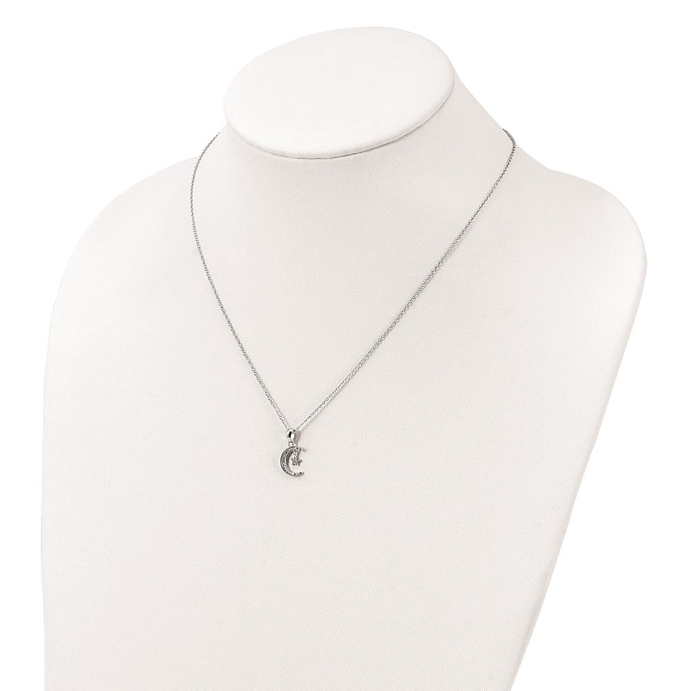Sterling Silver Polished Rhodium-Plated Cz Moon & Star 18In Necklace