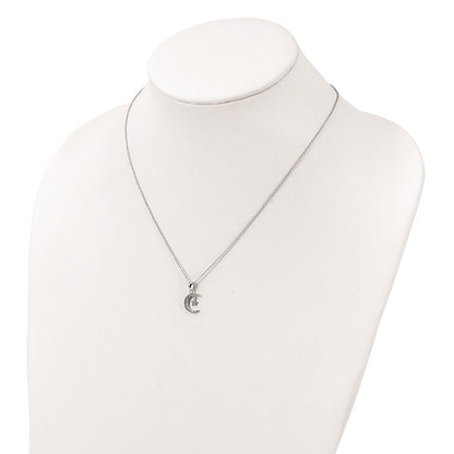 Sterling Silver Polished Rhodium-Plated Cz Moon & Star 18In Necklace