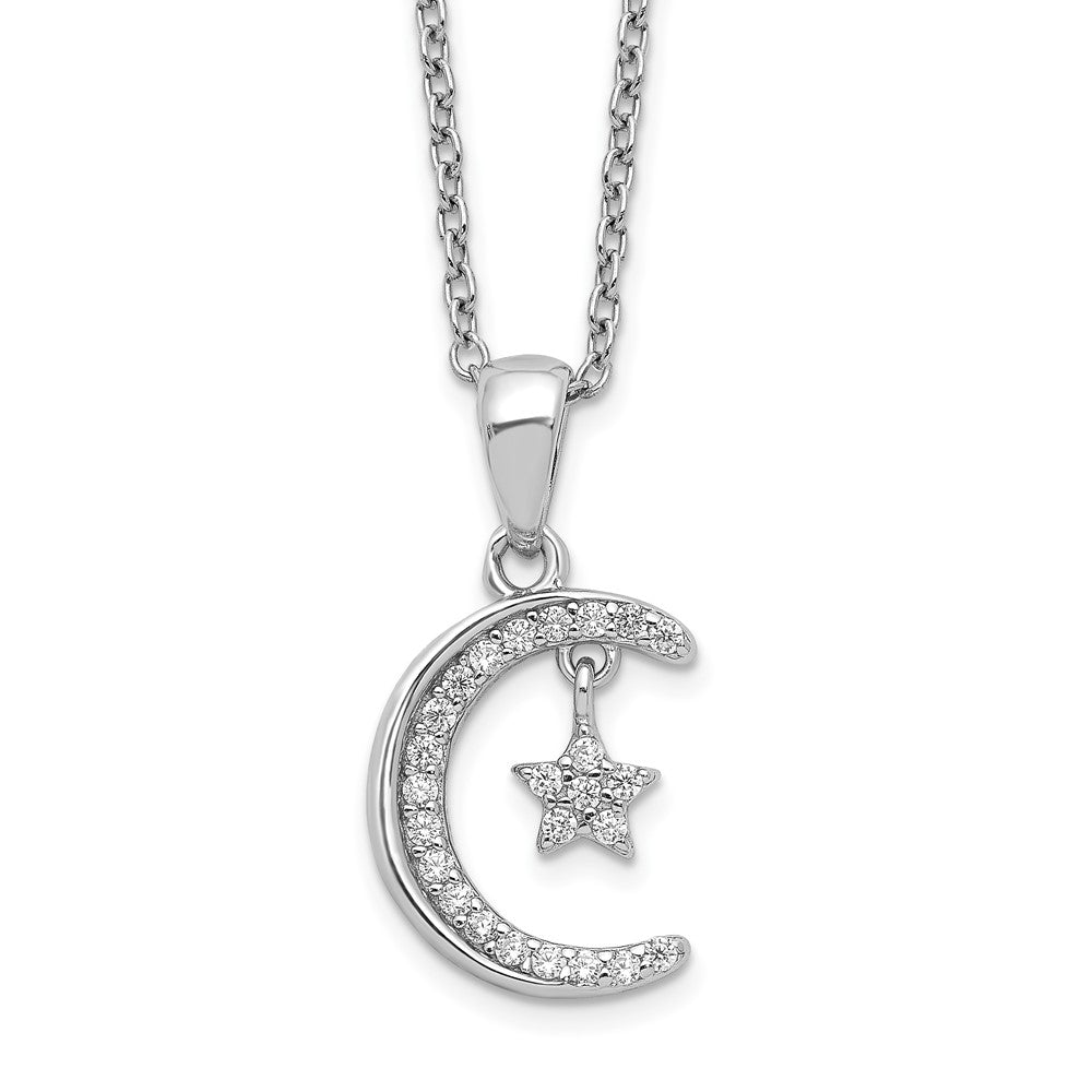 Sterling Silver Polished Rhodium-Plated Cz Moon & Star 18In Necklace