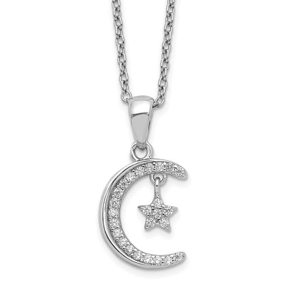 Sterling Silver Polished Rhodium-Plated Cz Moon & Star 18In Necklace