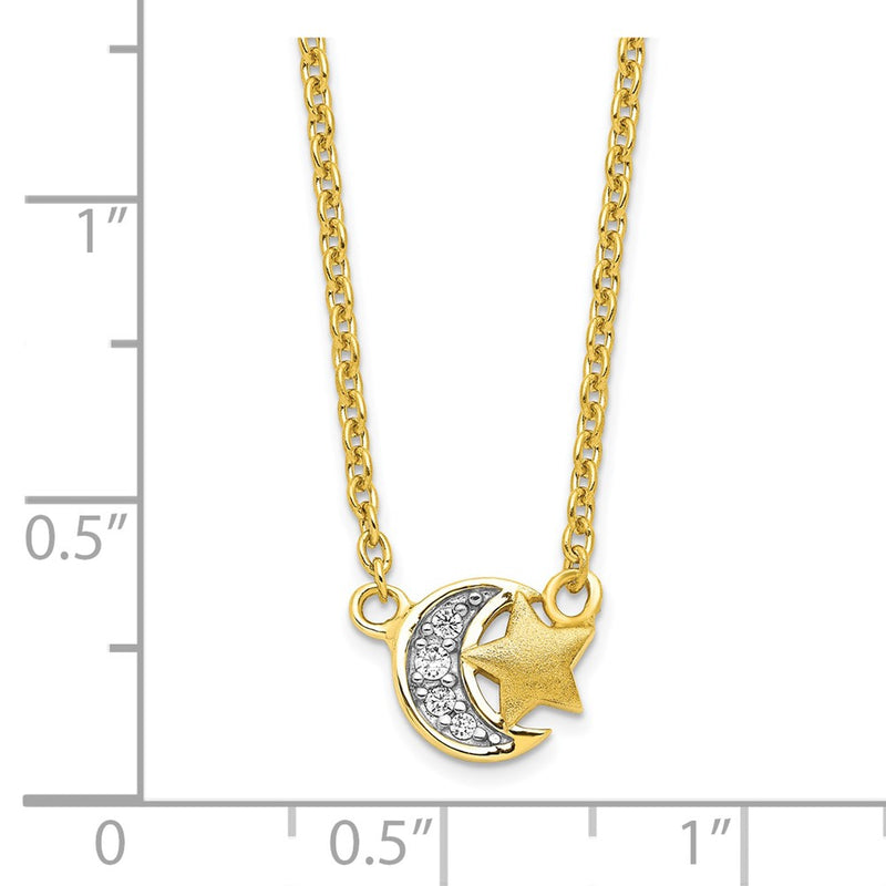 Sterling Silver Gold-Tone Cz Satin Star And Polished Moon Necklace