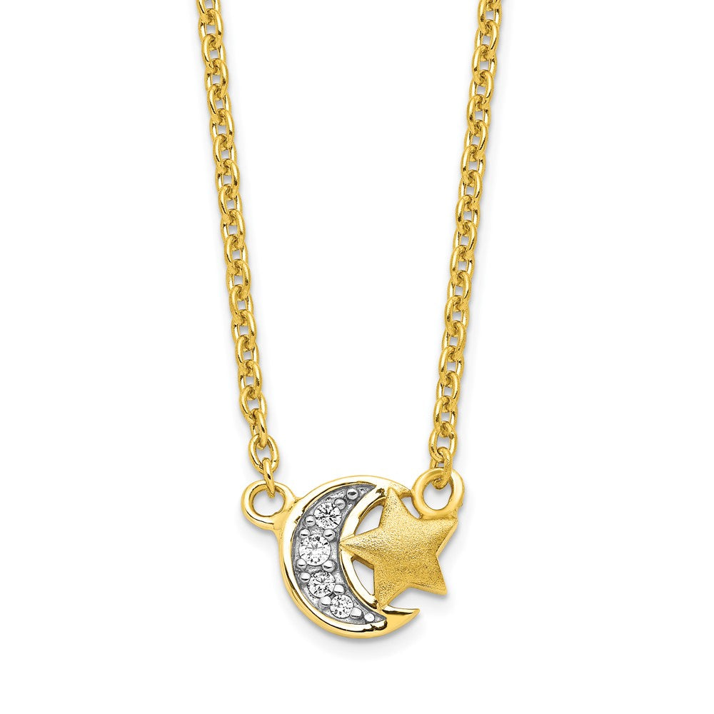Sterling Silver Gold-Tone Cz Satin Star And Polished Moon Necklace