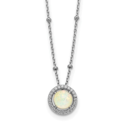 Sterling Silver Rh-Plated White Created Opal Cz Beaded W/2 In Ext. Necklace