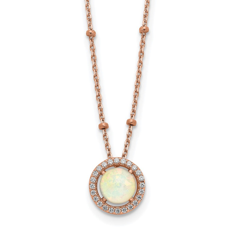 Sterling Silver Rose-Tone White Created Opal Cz W/2 In Ext. Necklace