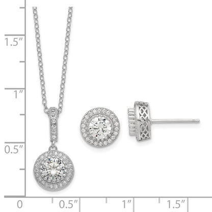 Sterling Silver Polished Rhodium-Plated Cz 18In Necklace/Post Earrings Set
