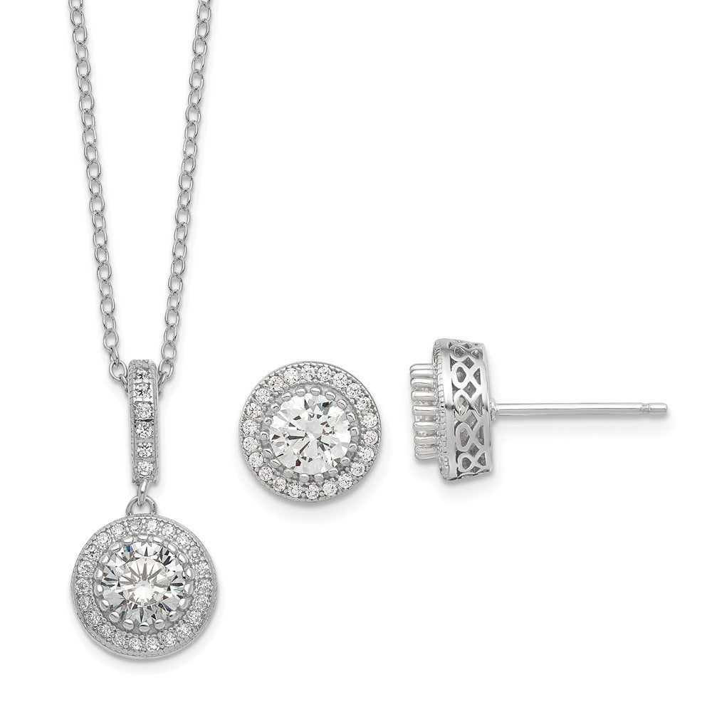Sterling Silver Polished Rhodium-Plated Cz 18In Necklace/Post Earrings Set