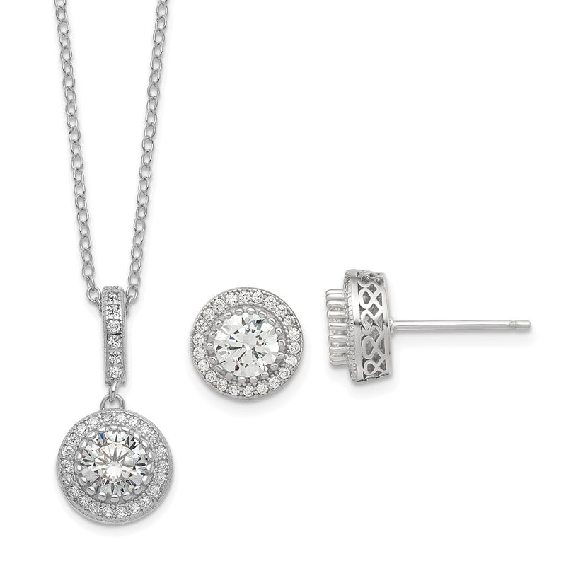 Sterling Silver Polished Rhodium-Plated Cz 18In Necklace/Post Earrings Set