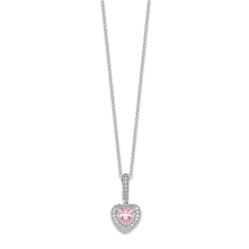 Sterling Silver Rhodium-Plated Polished Clear And Pink Cz Heart 18 Inch Necklace Post Earring Set