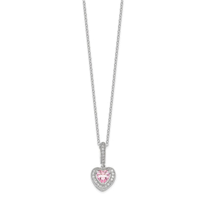 Sterling Silver Rhodium-Plated Polished Clear And Pink Cz Heart 18 Inch Necklace Post Earring Set