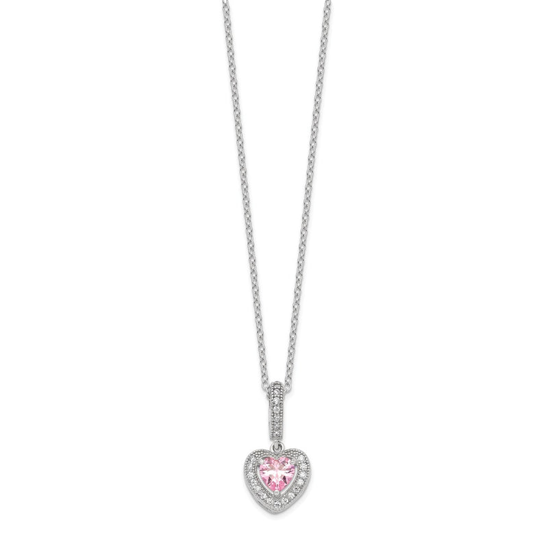 Sterling Silver Rhodium-Plated Polished Clear And Pink Cz Heart 18 Inch Necklace Post Earring Set