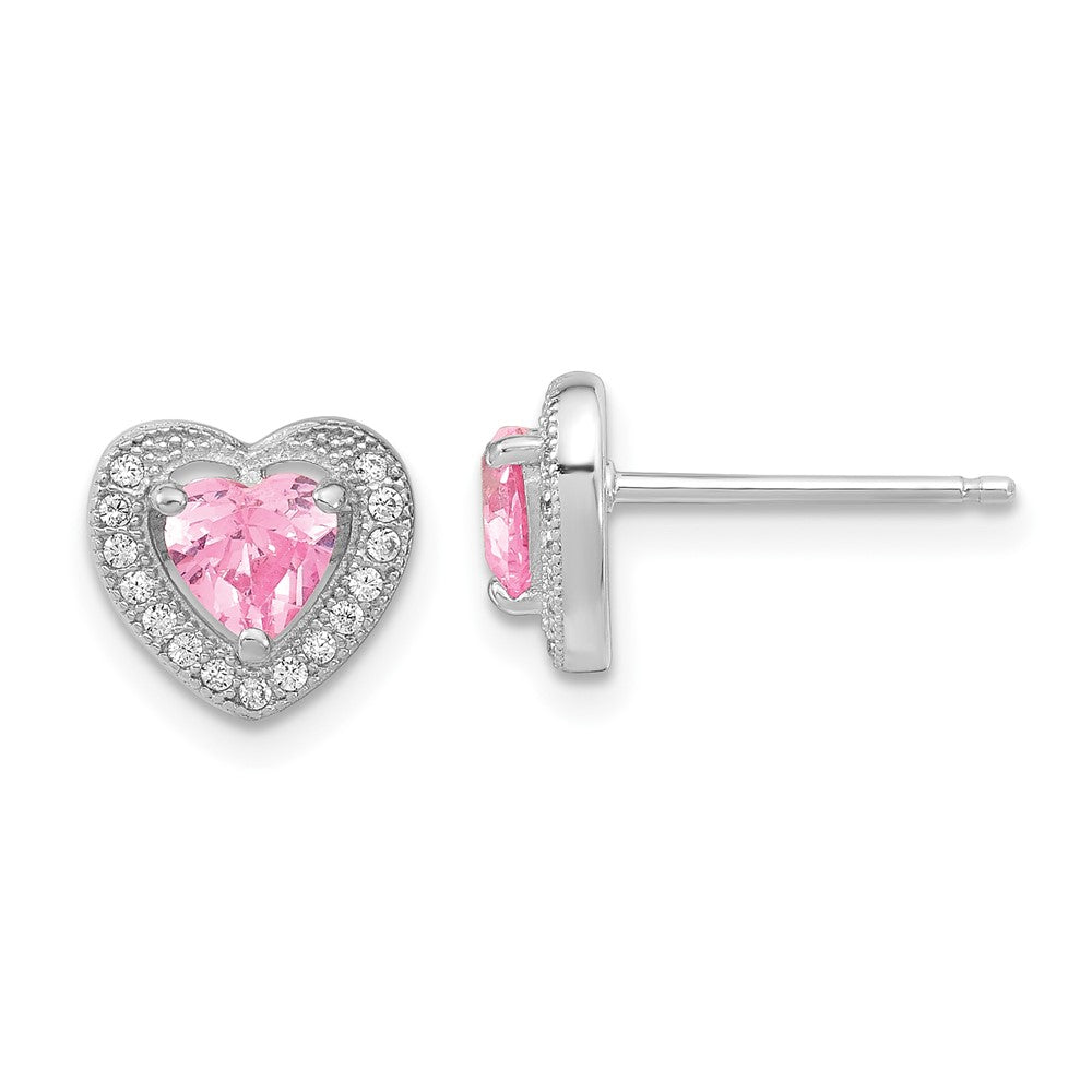 Sterling Silver Rhodium-Plated Polished Clear And Pink Cz Heart 18 Inch Necklace Post Earring Set