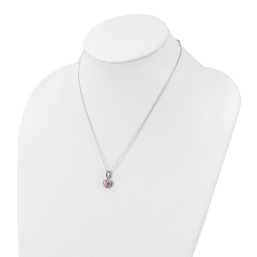 Sterling Silver Rhodium-Plated Polished Clear And Pink Cz Heart 18 Inch Necklace Post Earring Set