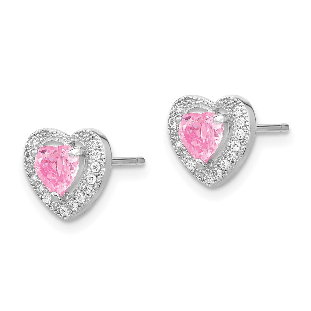 Sterling Silver Rhodium-Plated Polished Clear And Pink Cz Heart 18 Inch Necklace Post Earring Set