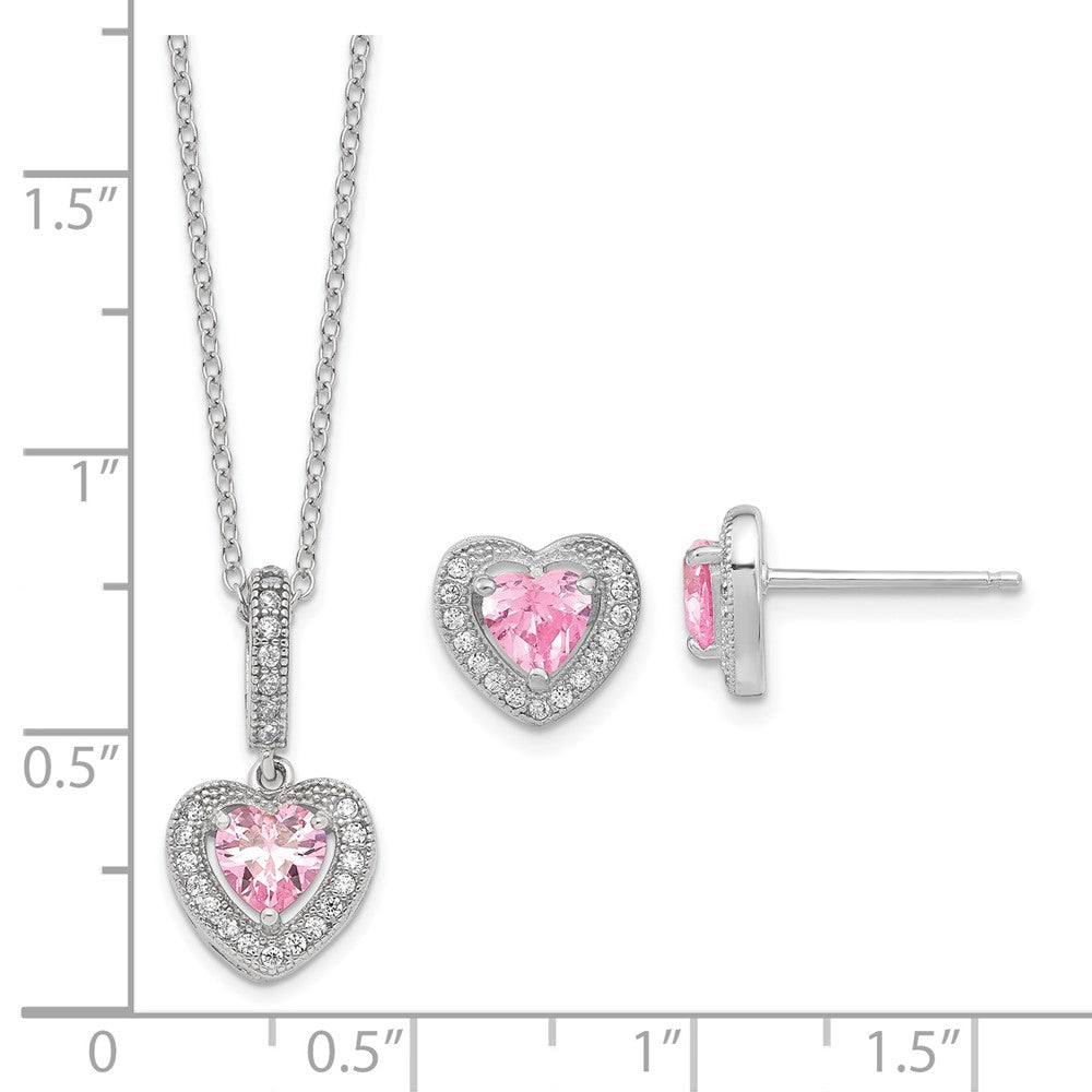 Sterling Silver Rhodium-Plated Polished Clear And Pink Cz Heart 18 Inch Necklace Post Earring Set
